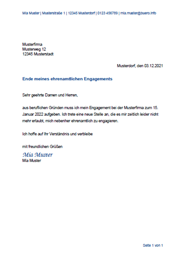 Vorlage / Muster: Kündigung ehrenamtliche Tätigkeit