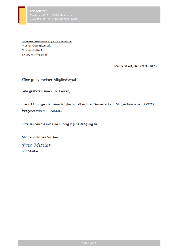 Vorlage / Muster: Kündigung Gewerkschaft Vorlage