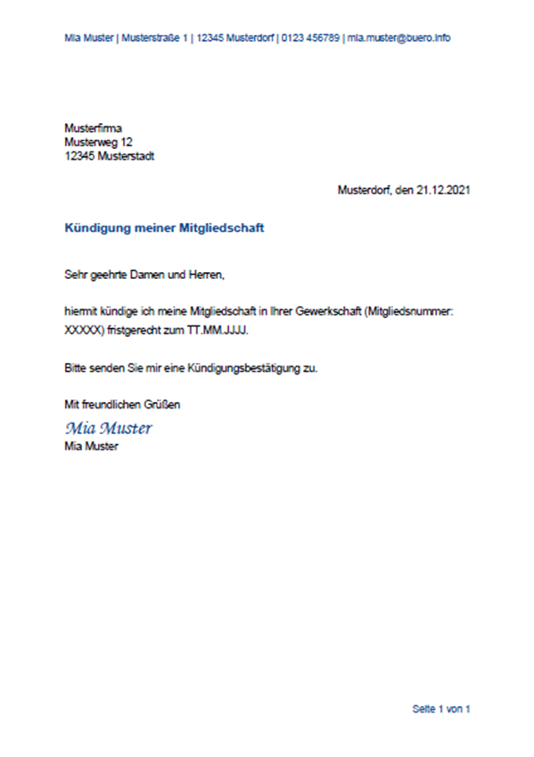 Vorlage / Muster: Kündigung Mitgliedschaft Gewerkschaft