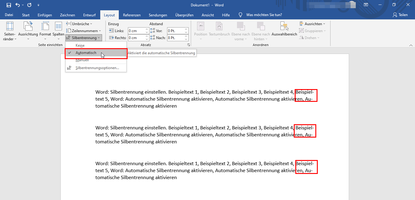 Word: Silbentrennung einstellen 2 Automatische Worttrennung bei Word