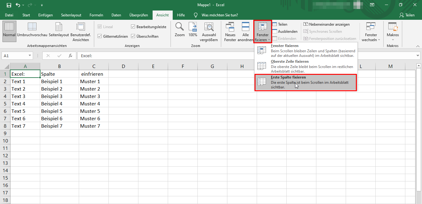 Excel: Spalte einfrieren 1 Excel: Erste Spalte fixieren