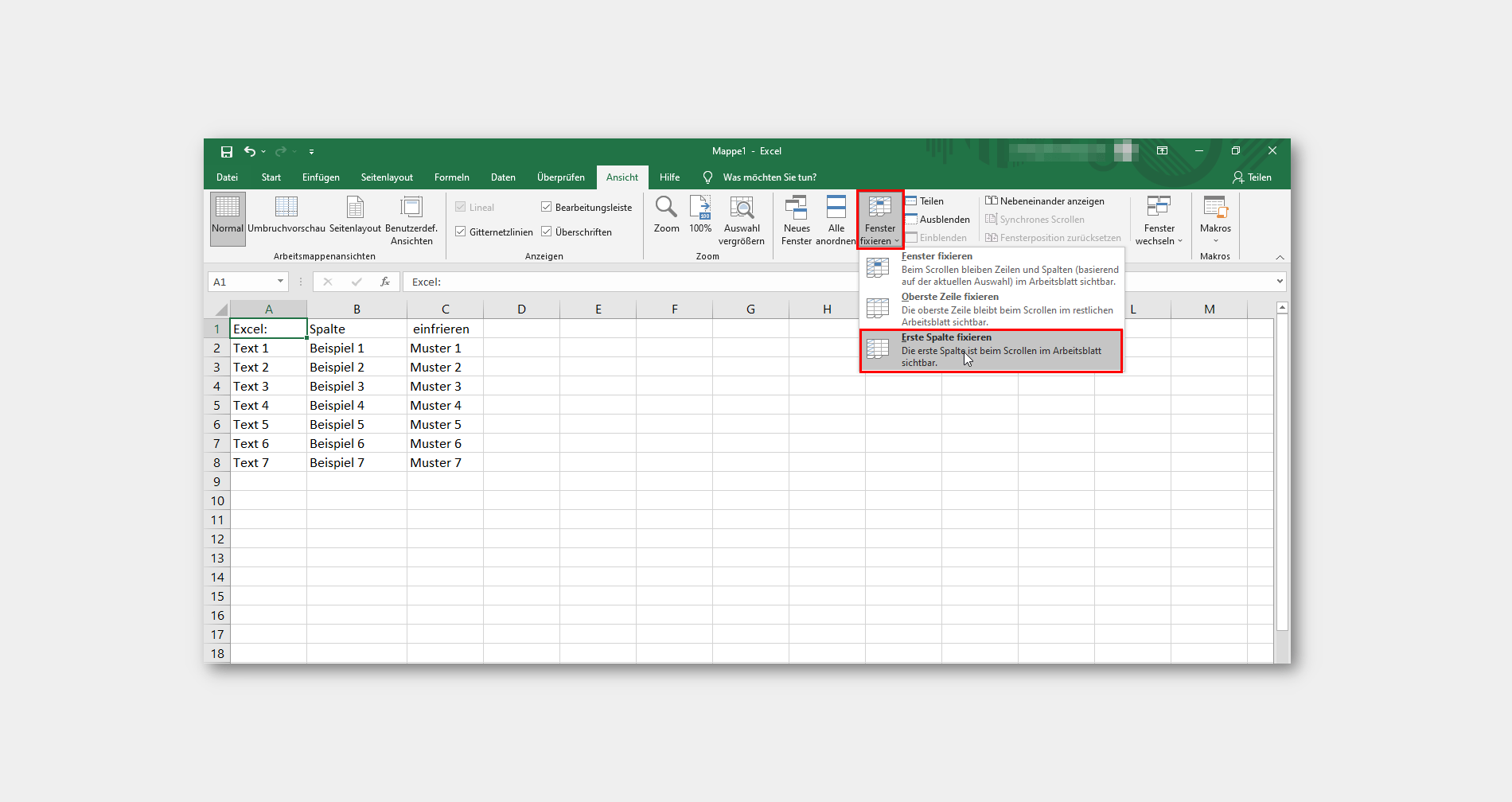 Excel: Spalte einfrieren