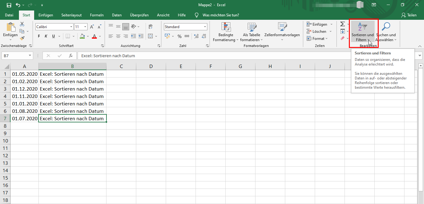 Excel: Sortieren nach Datum 2 Excel-Tabelle nach dem Datum sortieren