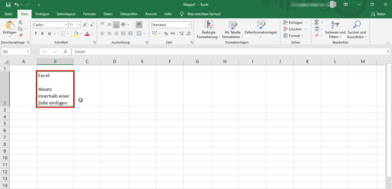 Excel: Absatz innerhalb einer Zelle einfügen 2 Excel-Zelle mit Absatz