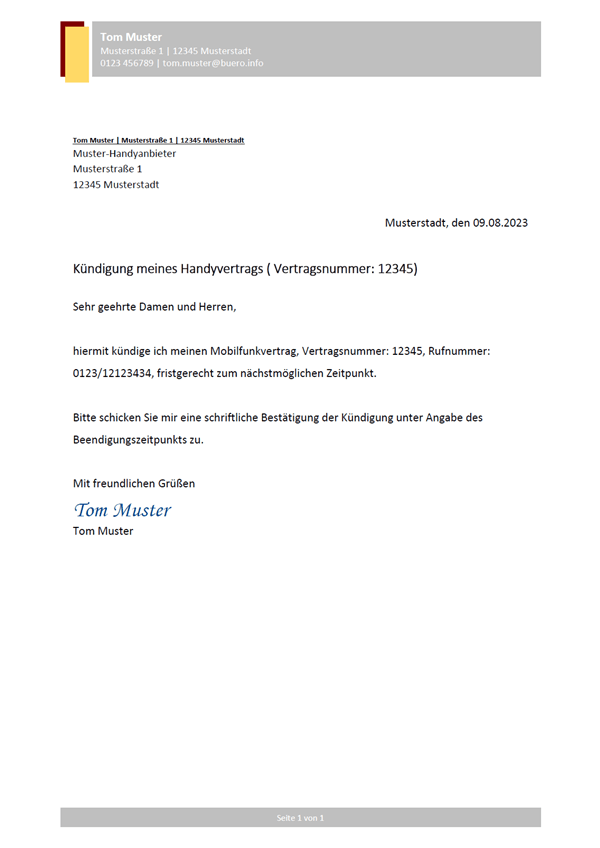Vorlage / Muster: Handyvertrag kündigen