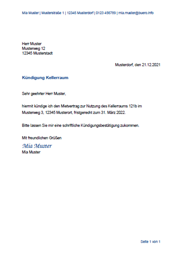 Vorlage / Muster: Kündigung Kellerraum Muster