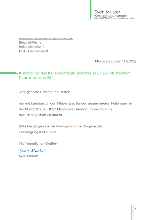 Vorlage / Muster: Kündigung Kellerraum