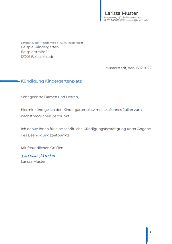 Vorlage / Muster: Kündigung Kindergarten