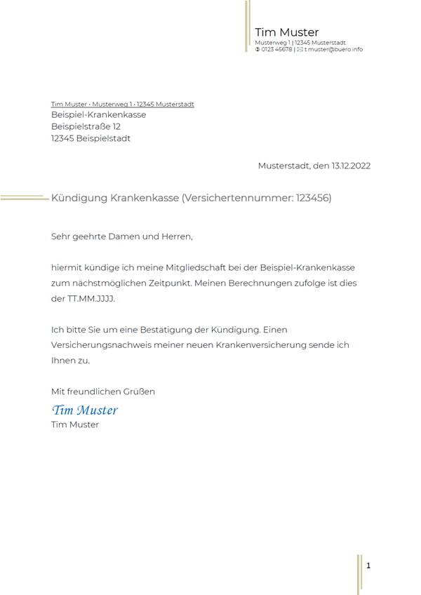 Vorlage / Muster: Kündigung Krankenkasse