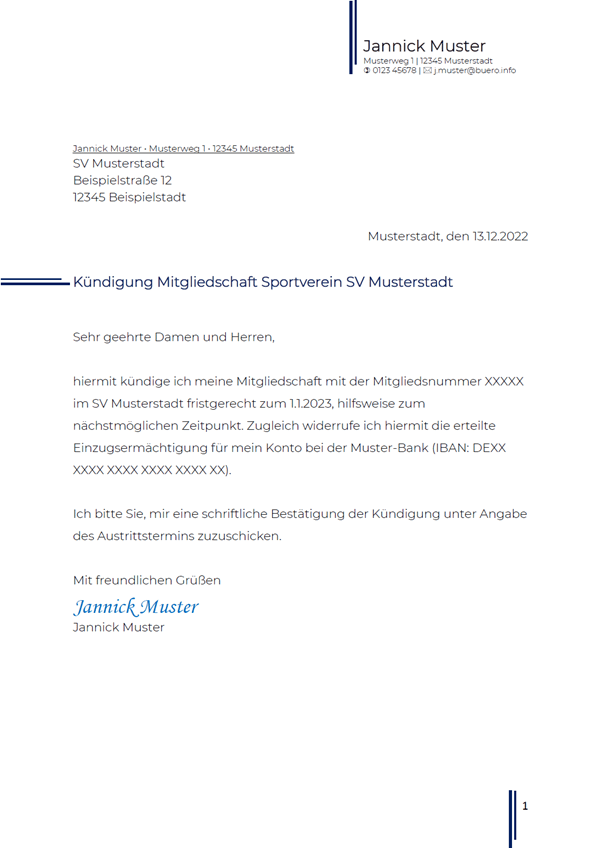 kuendigung sportverein