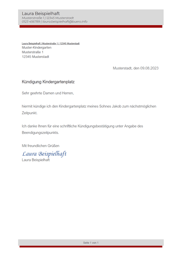 Vorlage / Muster: Kündigungsschreiben Kindergarten