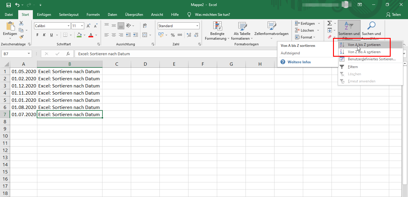 Excel: Sortieren nach Datum 3 Nach dem Datum sortieren in Excel