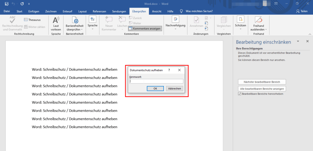 Word: Schreibschutz / Dokumentenschutz aufheben 3 Schreibgeschützt aufheben in Word