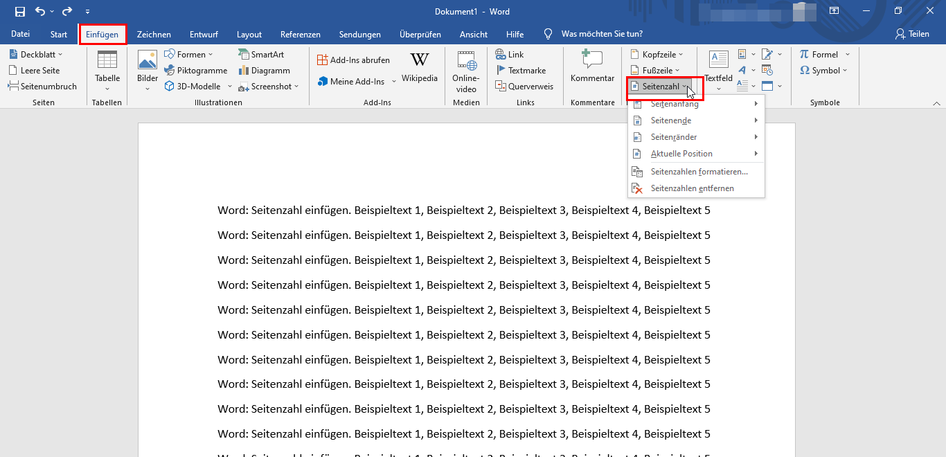 Word: Seitenzahl einfügen 1 Seitenzahl einfügen in Word