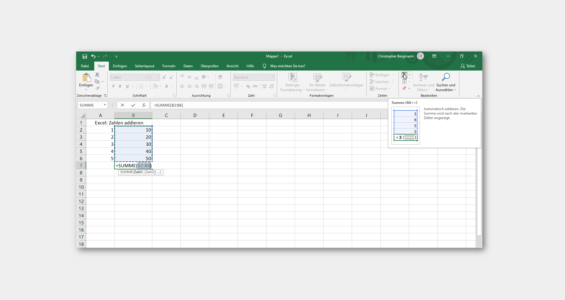 Excel: Zahlen addieren
