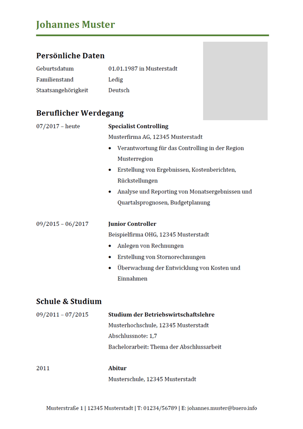 Vorlage / Muster: Lebenslauf Controller / Controllerin