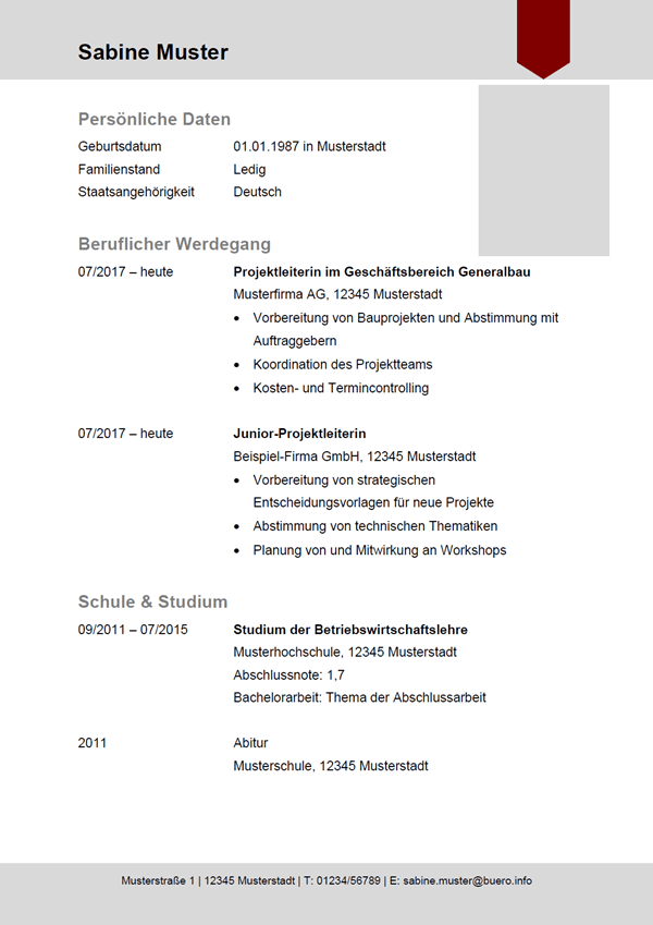 Vorlage / Muster: Lebenslauf Projektleiter / Projektleiterin