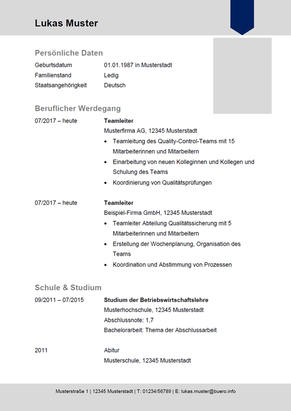 Vorlage / Muster: Lebenslauf Teamleiter / Teamleiterin