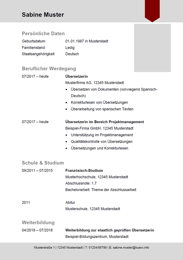 Vorlage / Muster: Lebenslauf Übersetzer / Übersetzerin