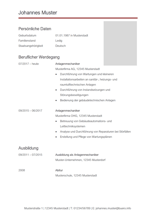 Vorlage / Muster: Lebenslauf-Vorlage Anlagenmechaniker / Anlagenmechanikerin