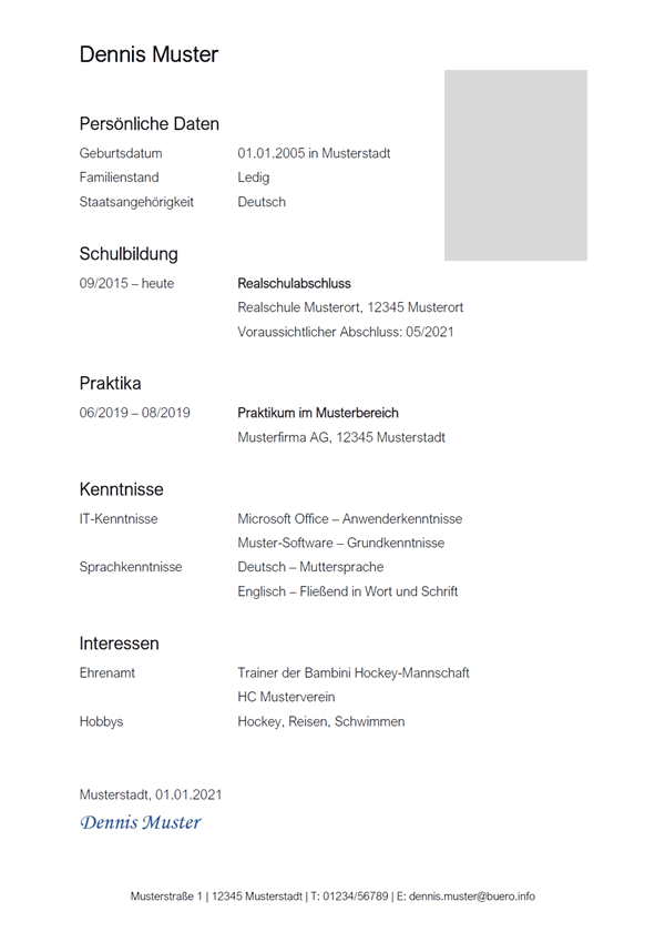 Vorlage / Muster: Lebenslauf-Vorlage Schüler/in