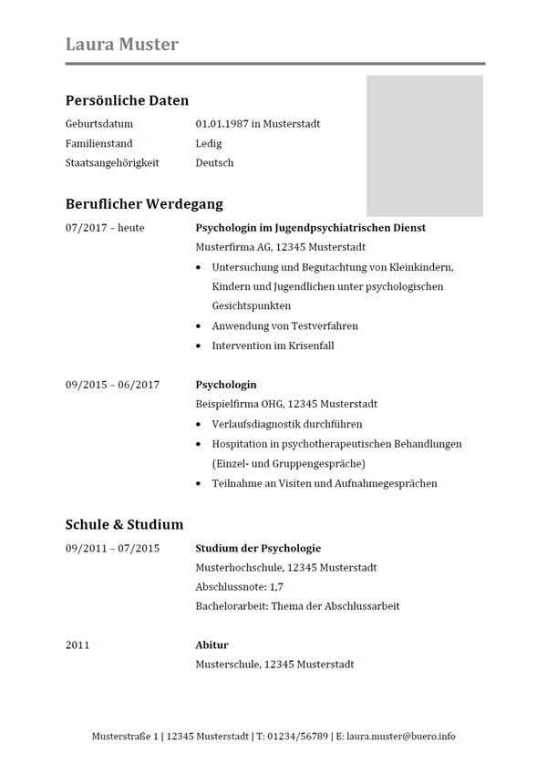 Vorlage / Muster: Lebenslauf-Vorlage Psychologe / Psychologin