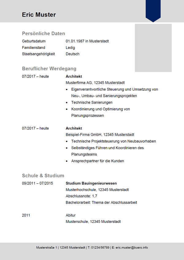 Vorlage / Muster: Lebenslauf-Vorlage Architekt / Architektin