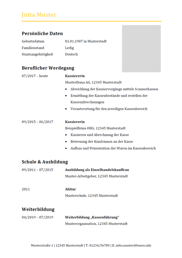 Vorlage / Muster: Lebenslauf-Vorlage Kassiererin / Kassierer