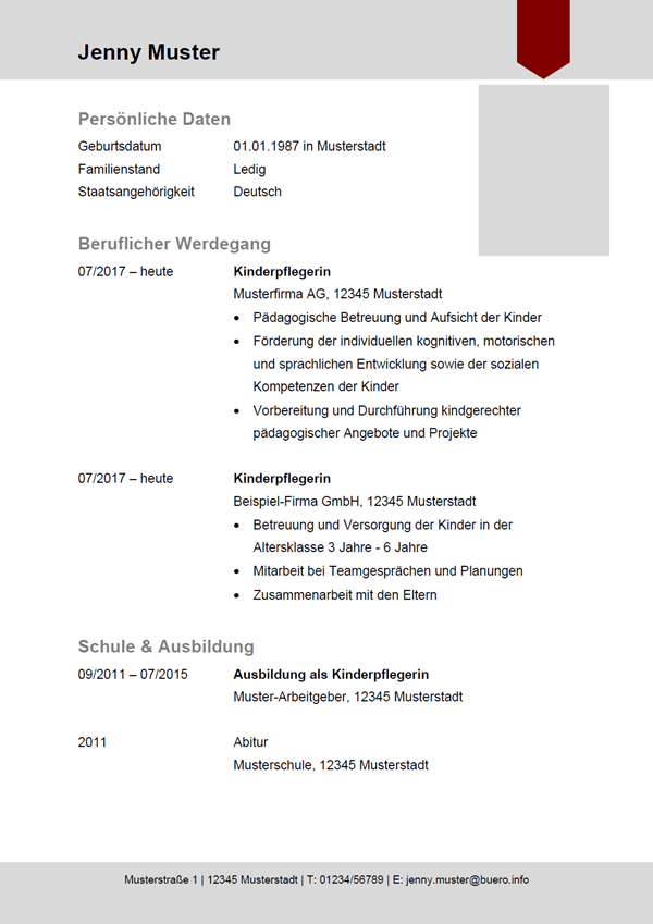 Lebenslauf-Vorlage Kinderpflegerin / Kinderpfleger