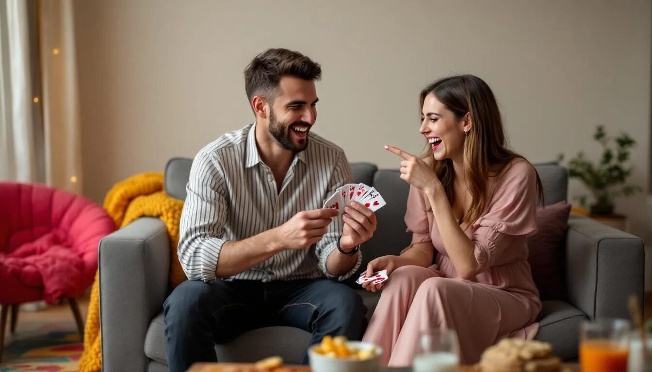 In der Abbildung sind zwei Personen zu sehen, die an einem Tisch sitzen und ein Kartenspiel spielen, umgeben von Spielkarten und einem fröhlichen Ambiente, das auf einen Spieleabend hinweist. Die Spielerinnen und Spieler genießen den Spaß und die Herausforderungen des Spiels, während sie sich gegenseitig herausfordern und ihre Fähigkeiten testen.